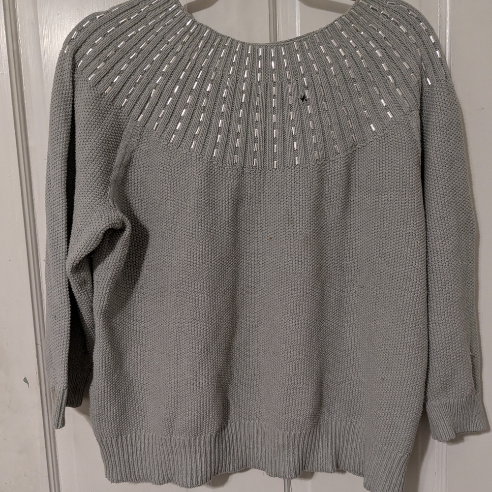 Gray Sweater With Art Deco-Inspired Silver Beaded Collar Design